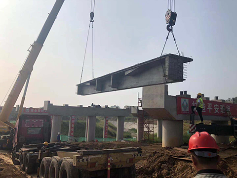 S366合六南通道03標(biāo)楊灣河大橋首片T梁成功架設(shè)
